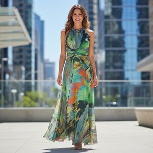 Rickie Freeman for Teri Jon Watercolor Print Chiffon Beaded Halter Maxi Gown 4